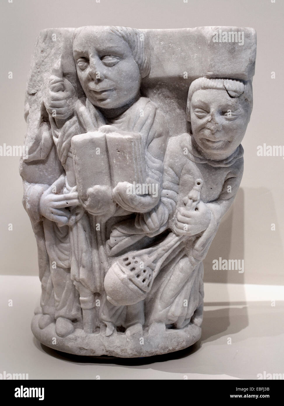 Capitale dall'ospedale di Sant Nicolau medievale Arte Romanica 1200 Ospedale di Sant Nicolau, Barcellona. Spagna - Spagnolo Foto Stock