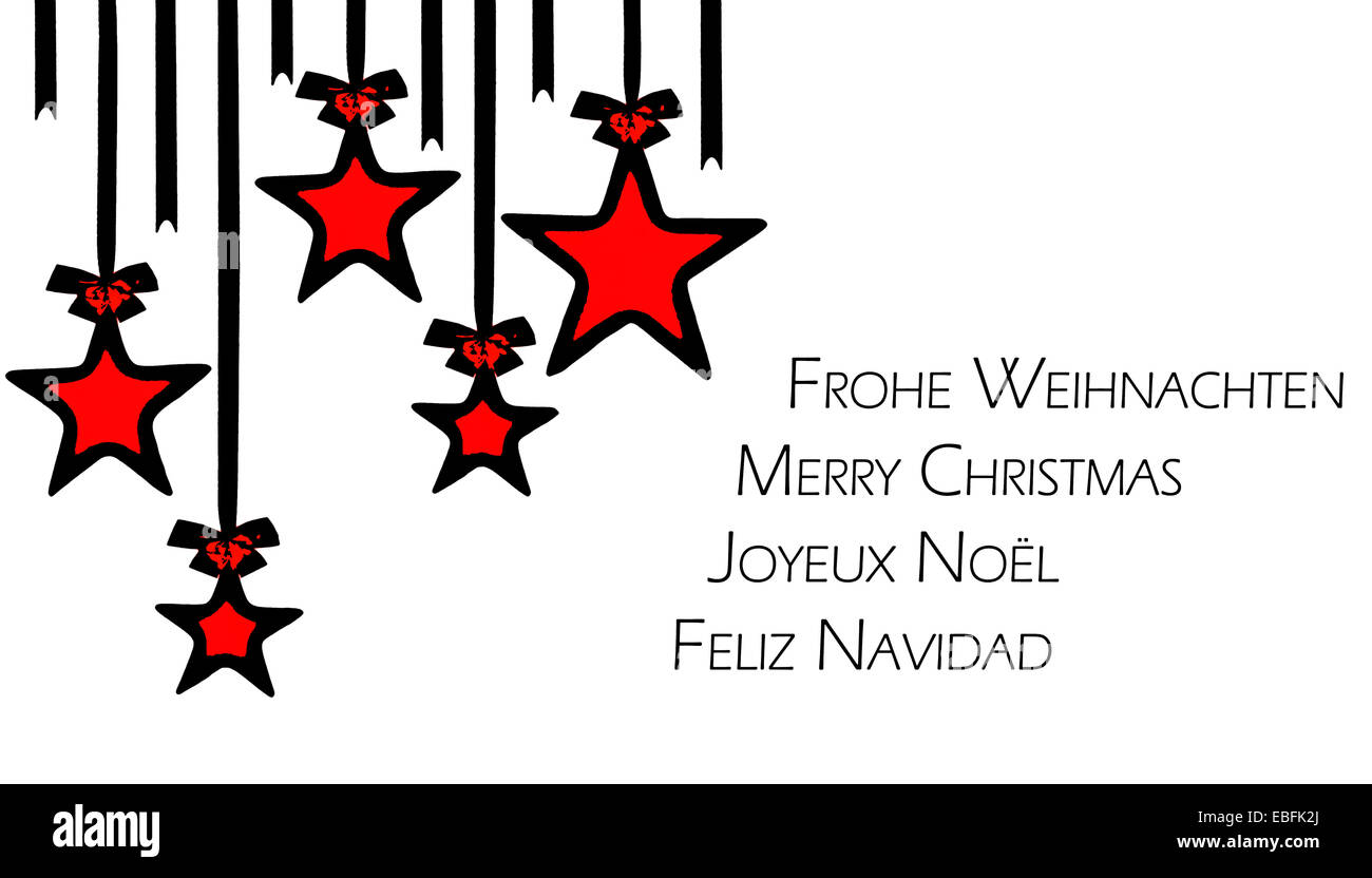 Stelle di natale appeso con nastri di colore rosso su sfondo bianco e di Natale saluti in 4 lingue Foto Stock