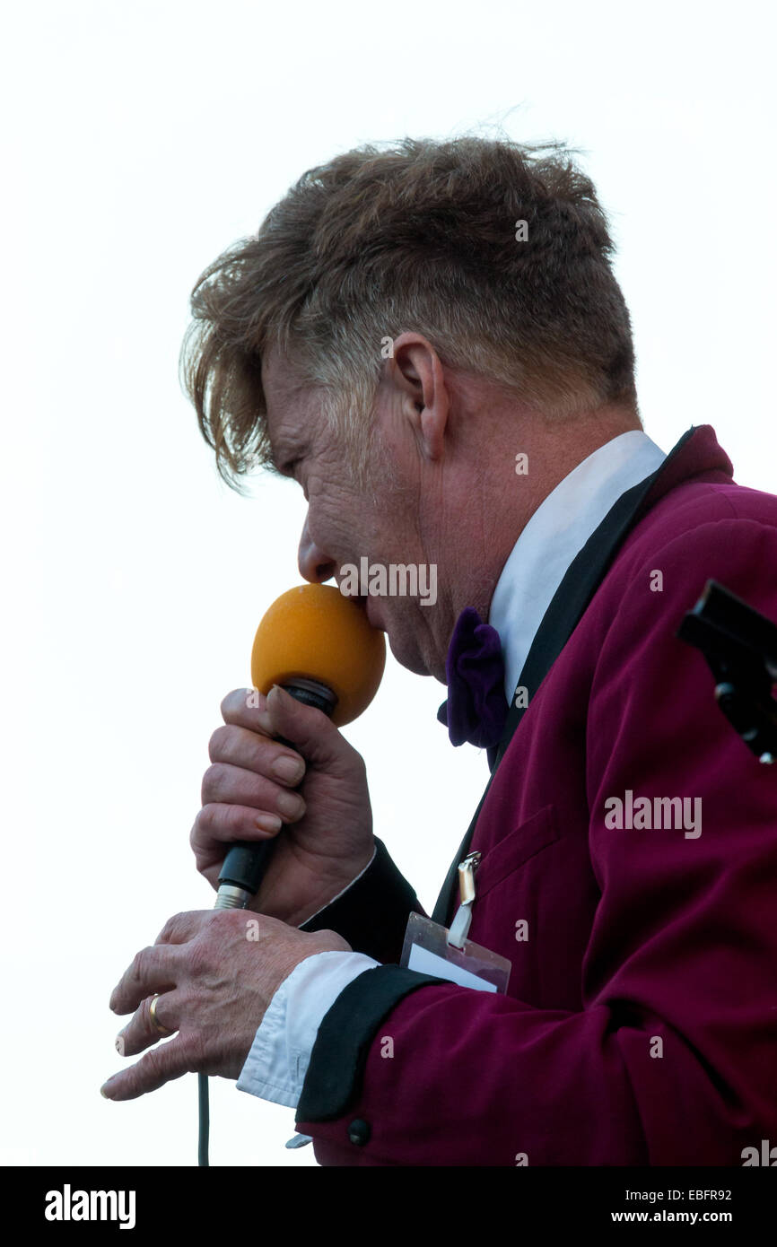 Una cantante esegue nella parte anteriore di una banda a Glastonbury Frost Fair 2014 Foto Stock