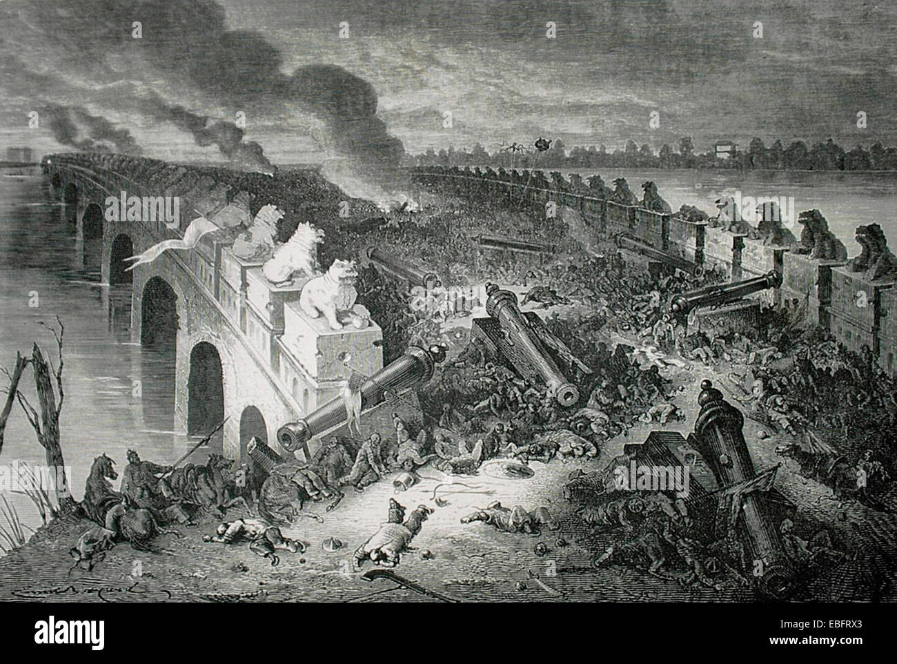 Pa-Li-Kiao's Bridge, la sera della battaglia. La battaglia di Palikiao (Baliqiao) ha avuto luogo il 21 dicembre 1860 durante la Seconda Guerra di oppio (1856-1860). La vittoria anglo-francese ha aperto un percorso a Pechino per eserciti occidentali. Foto Stock