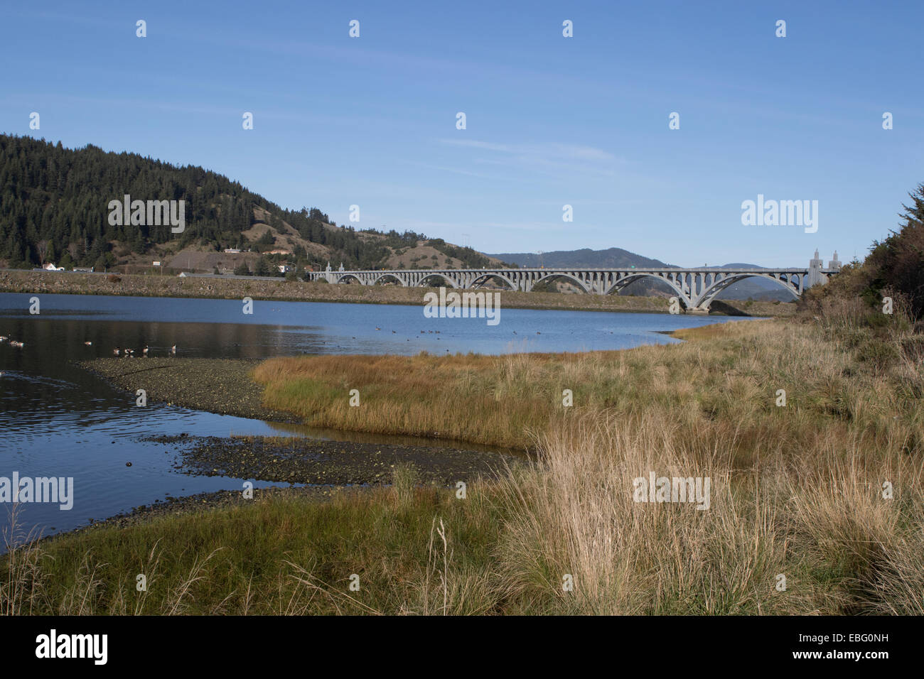 Isaac Lee Patterson ponte sopra il Fiume di Rogue nella Contea di Curry, Oregon Foto Stock