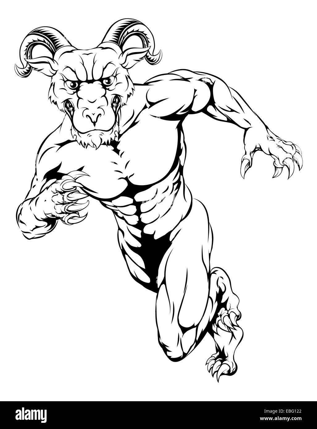 Una illustrazione di un pauroso ram mascotte sportive in esecuzione Foto Stock