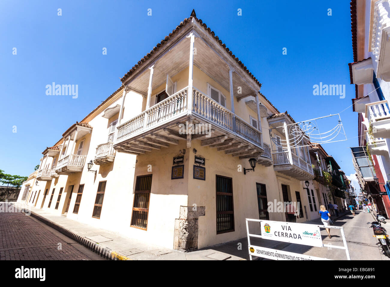 Riga del periodo coloniale spagnolo case di architettura, Cartagena de Indias, Colombia. Foto Stock