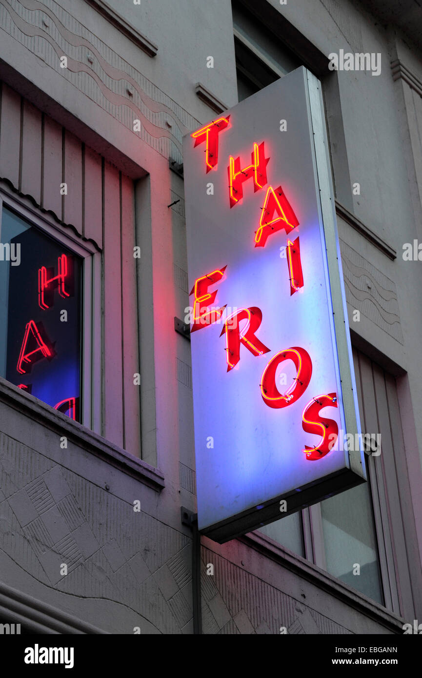 Neon-segno 'Thai Eros', il quartiere a luci rosse di Hannover, Bassa Sassonia, Germania Foto Stock