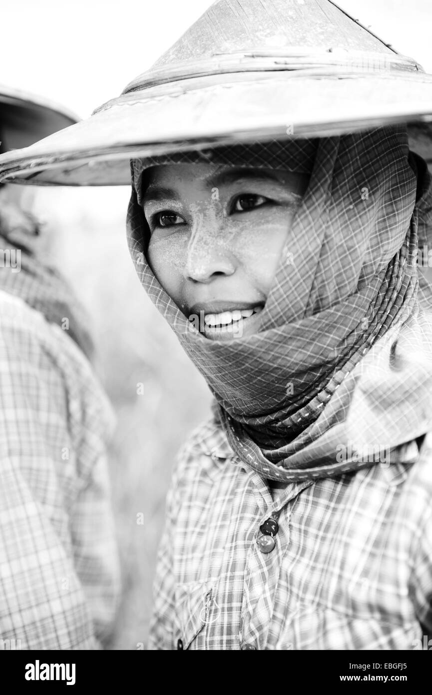 Faccia di thanaka femmina coperto agricoltore nel campo di riso Foto Stock