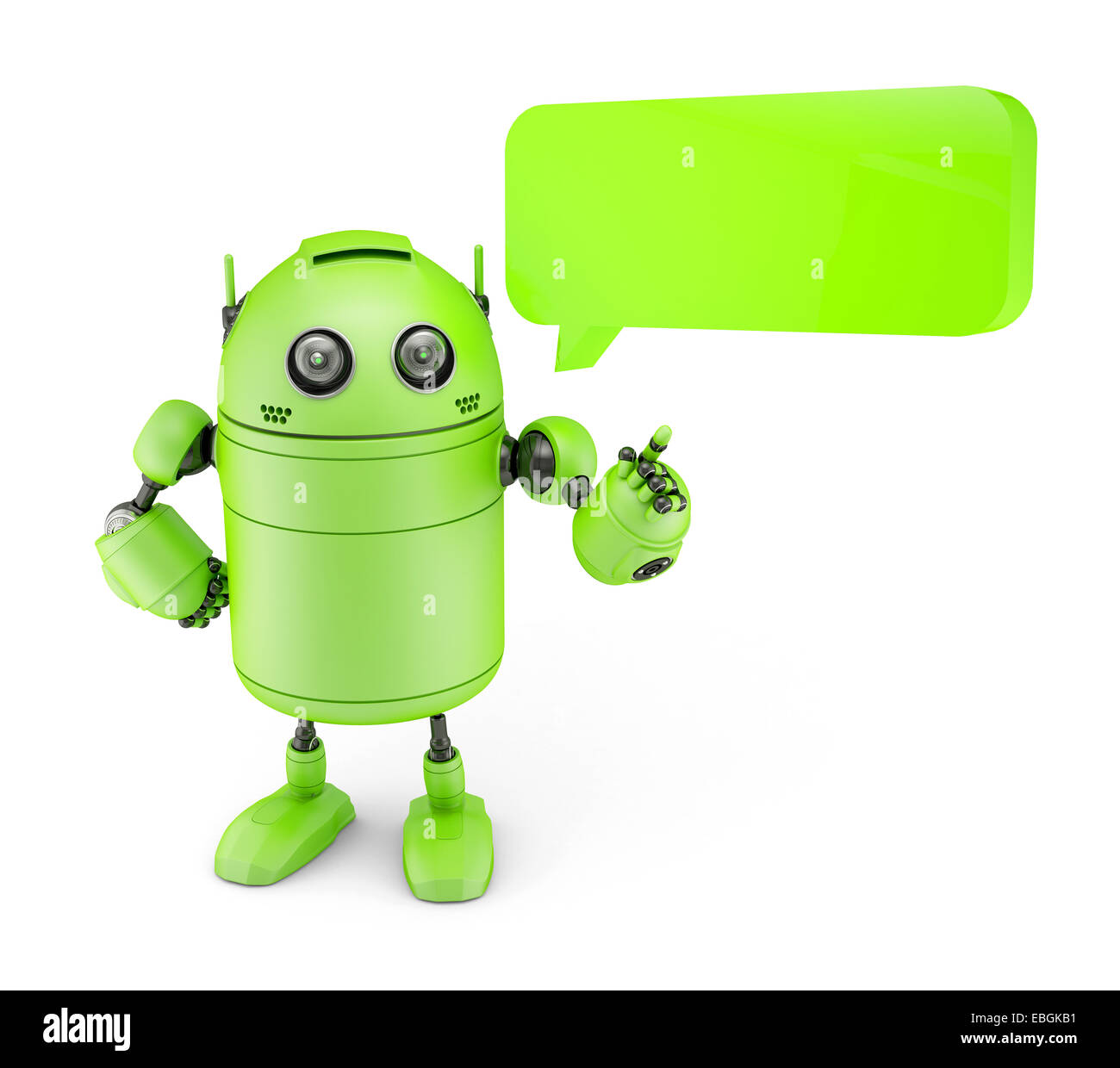 Android con bolla di dialogo. Isolato su bianco Foto Stock