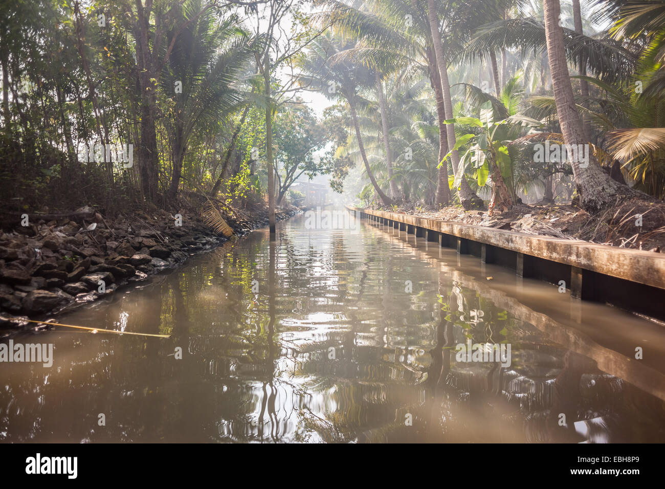 Un canale nel nebbioso giungla tailandese o di campagna nella provincia di Ratchaburi Foto Stock