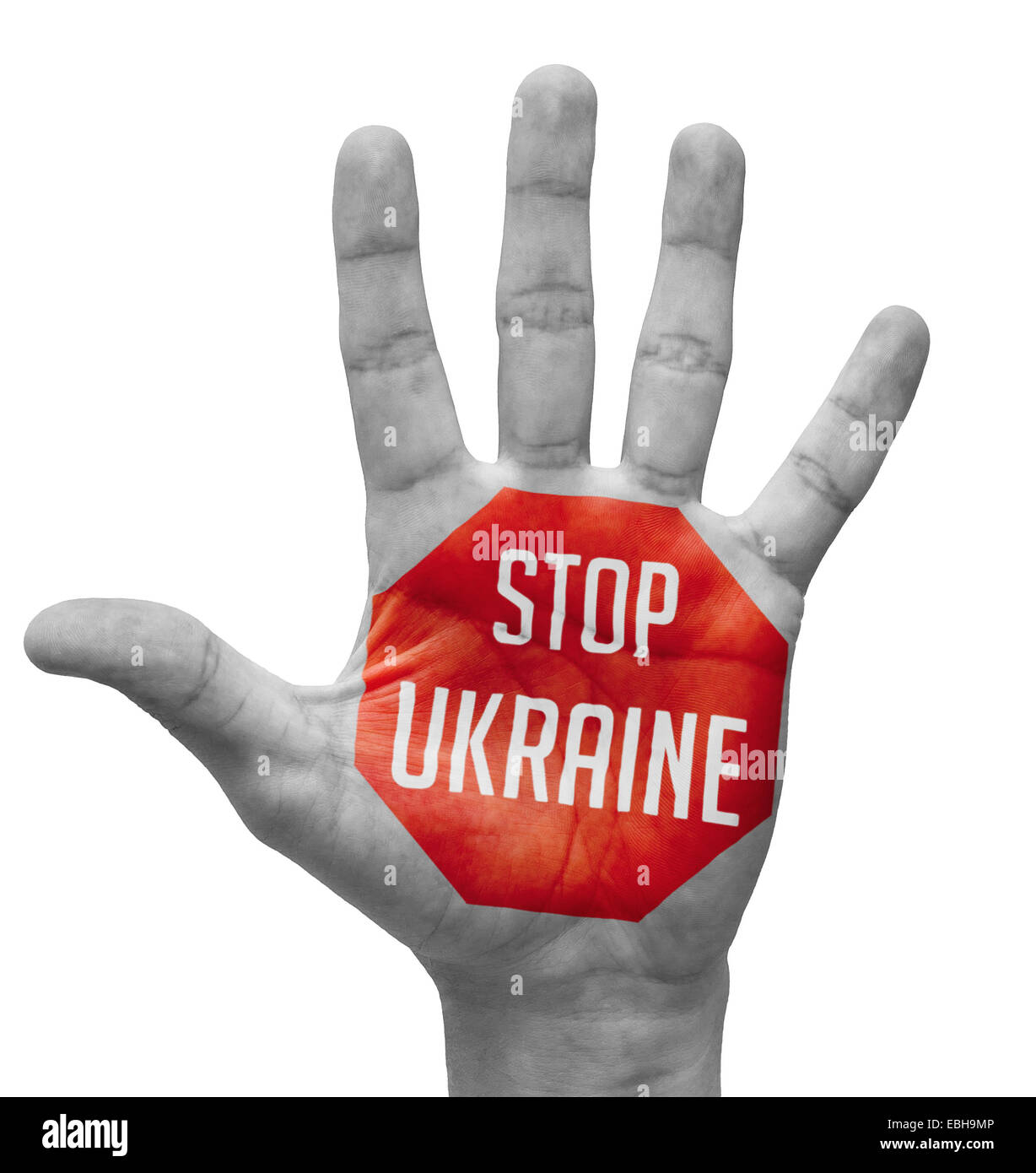 Arrestare l'Ucraina segno dipinto, mano aperta sollevata, isolati su sfondo bianco. Foto Stock