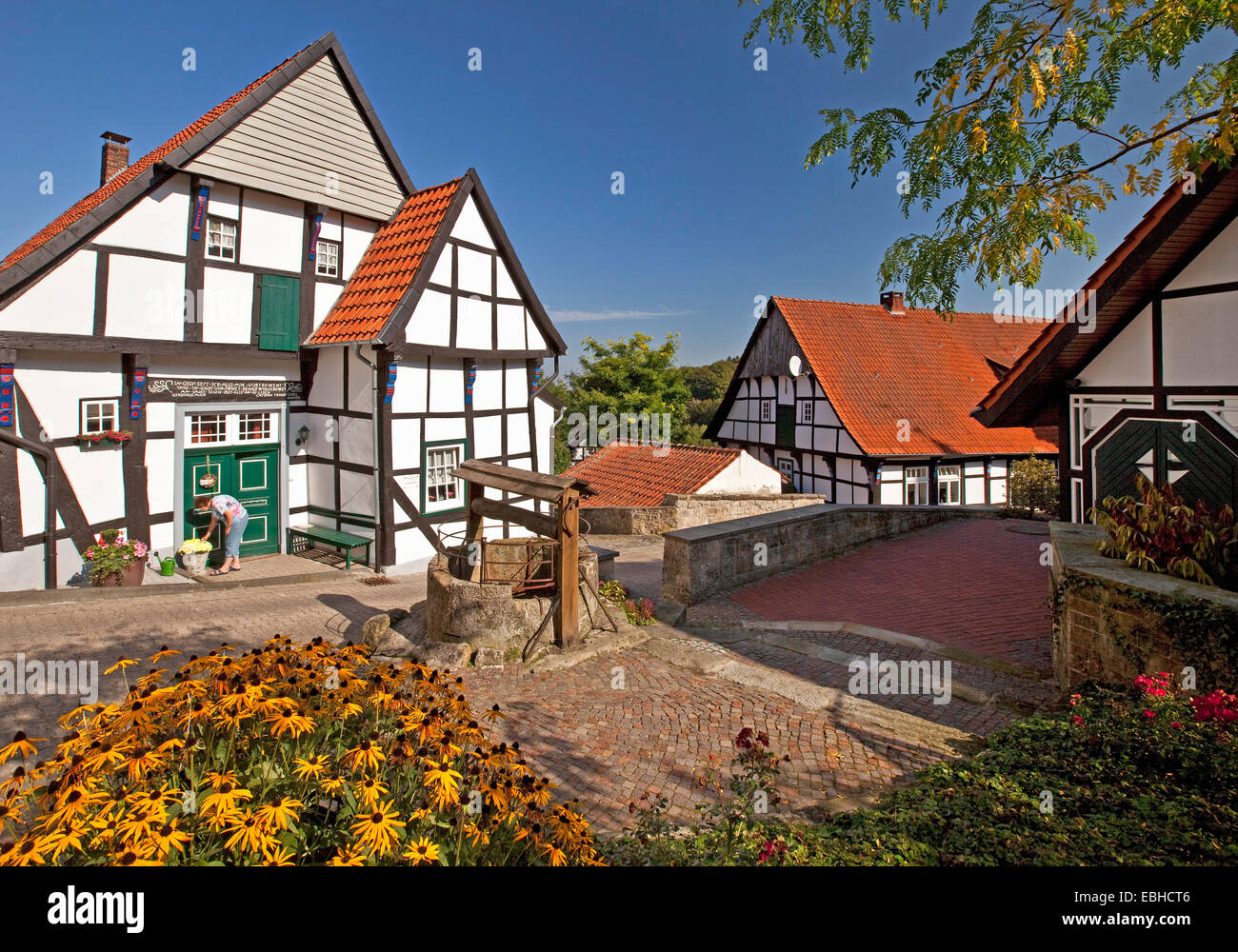 Case con travi di legno nella città vecchia di Tecklenburg, in Germania, in Renania settentrionale-Vestfalia, Tecklenburger Land, Tecklenburg Foto Stock