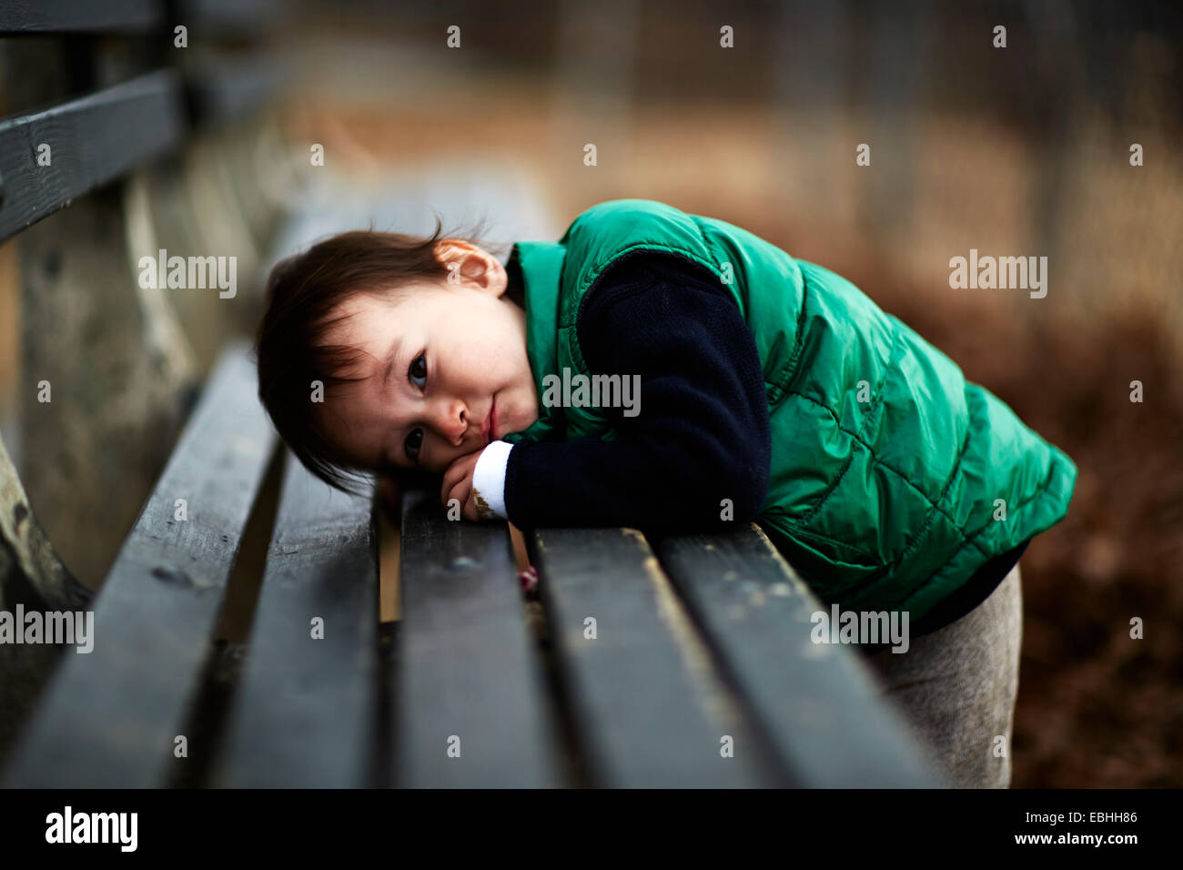 Ritratto di bimbi maschio inclinato in avanti su una panchina nel parco Foto Stock