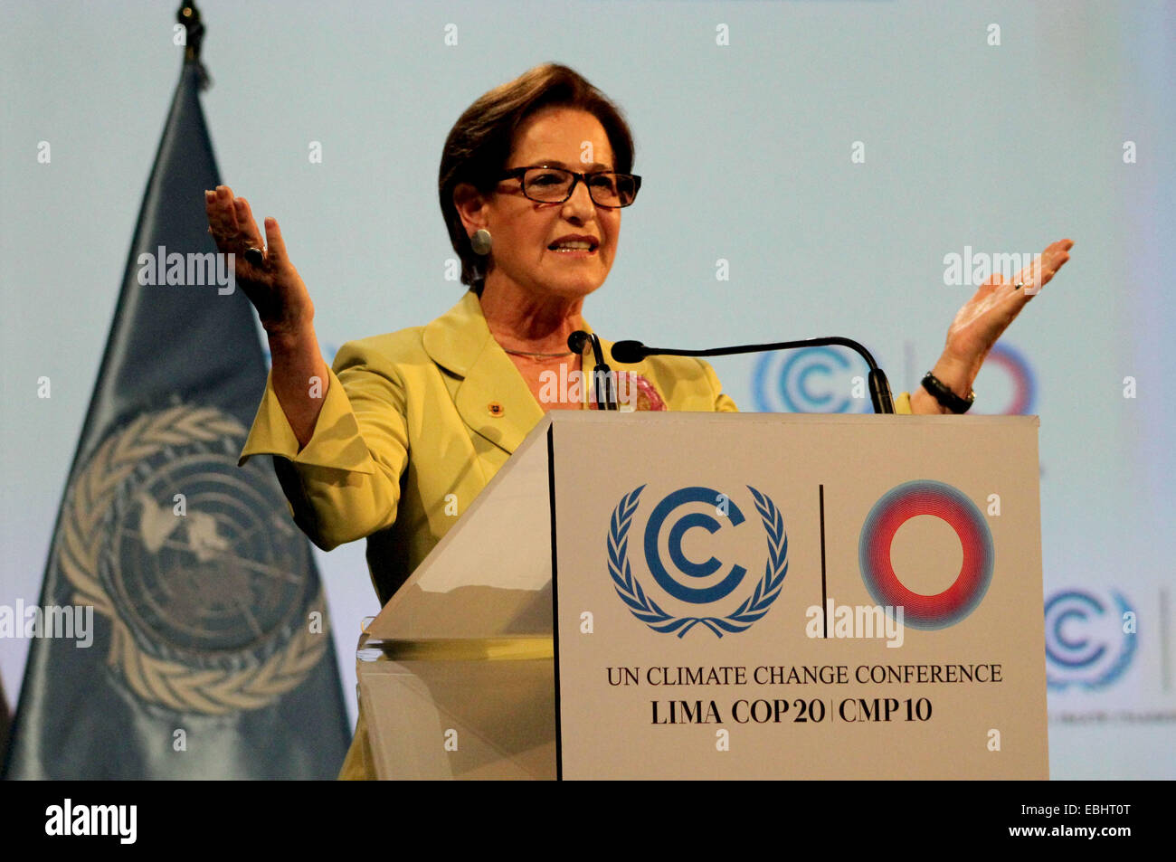 Lima, Perù. 1 dicembre, 2014. Lima il sindaco di Susana Villaran offre un discorso durante la cerimonia di apertura della XX Conferenza delle Nazioni Unite sul Cambiamento Climatico (COP20), a Lima, in Perù, dal 1 dicembre 2014. © Luis Camacho/Xinhua/Alamy Live News Foto Stock