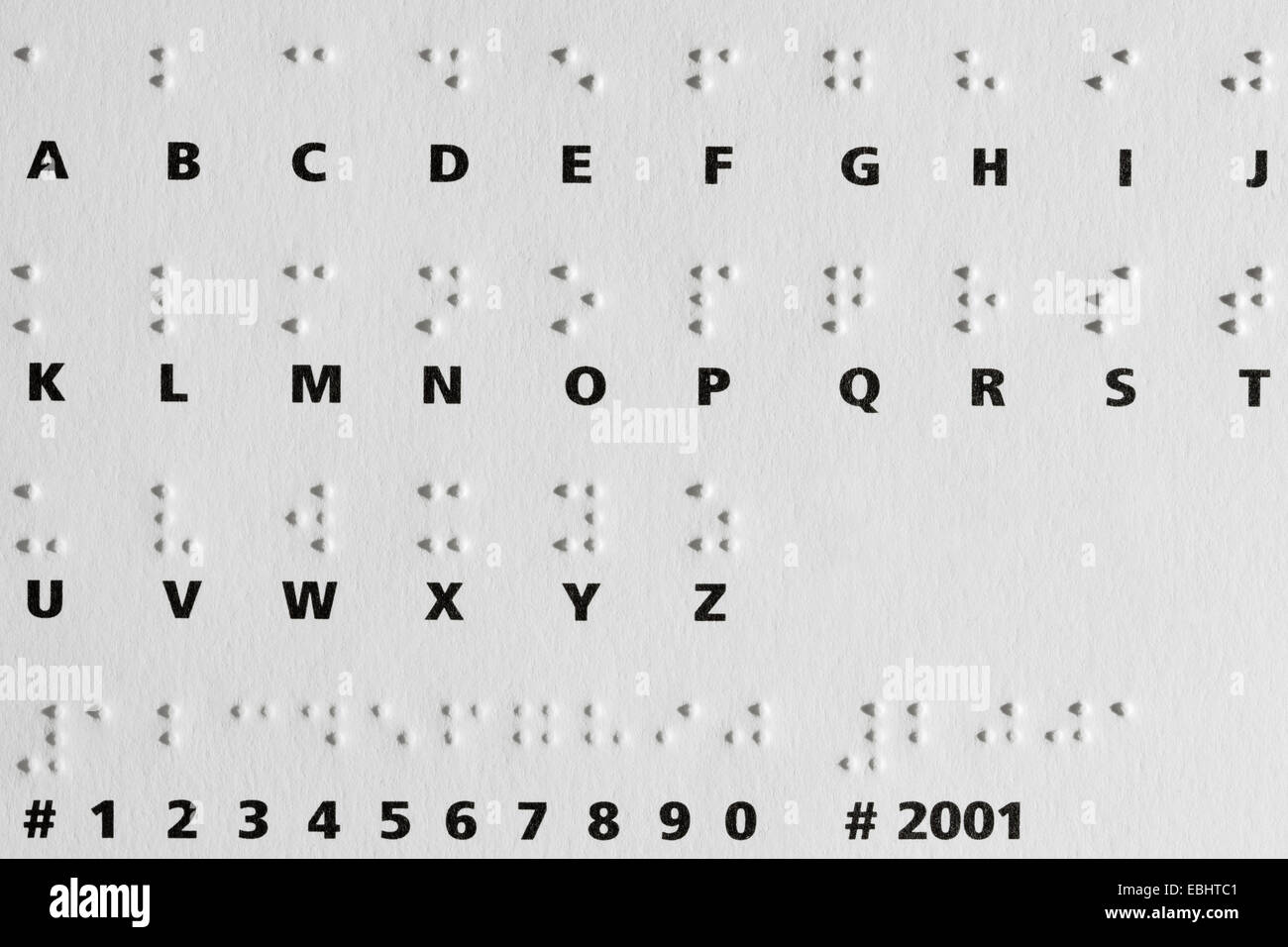 Ombre di puntini in rilievo su una carta con l'alfabeto Braille. Il sistema è ampiamente utilizzato dai non vedenti per leggere e scrivere. Foto Stock
