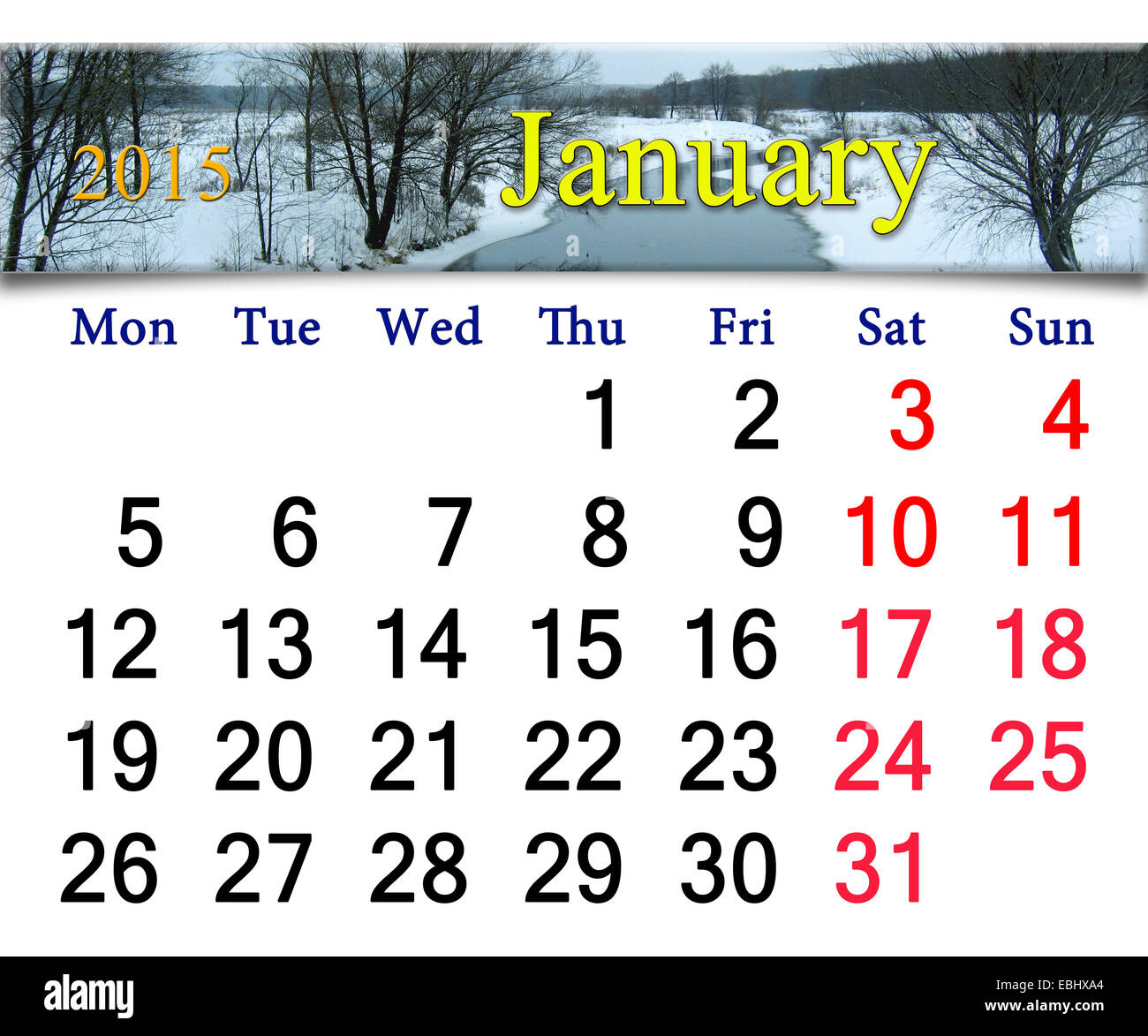 Bellissimo il calendario per il mese di gennaio del 2015 con il fiume di inverno Foto Stock