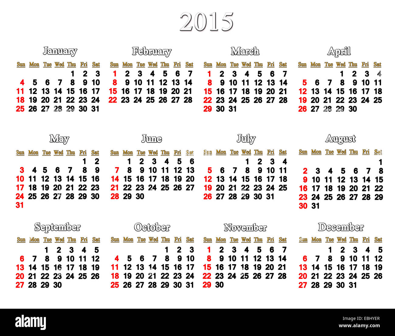 Semplice e preciso per il calendario 2015 anno sullo sfondo bianco Foto Stock