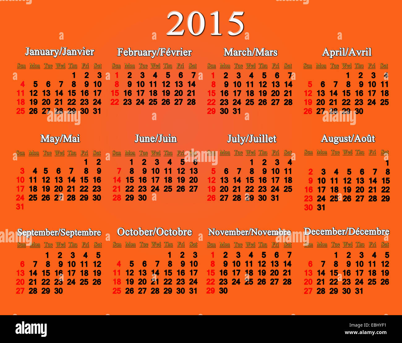 Calendario per il 2015 anno in inglese e francese su sfondo arancione Foto Stock