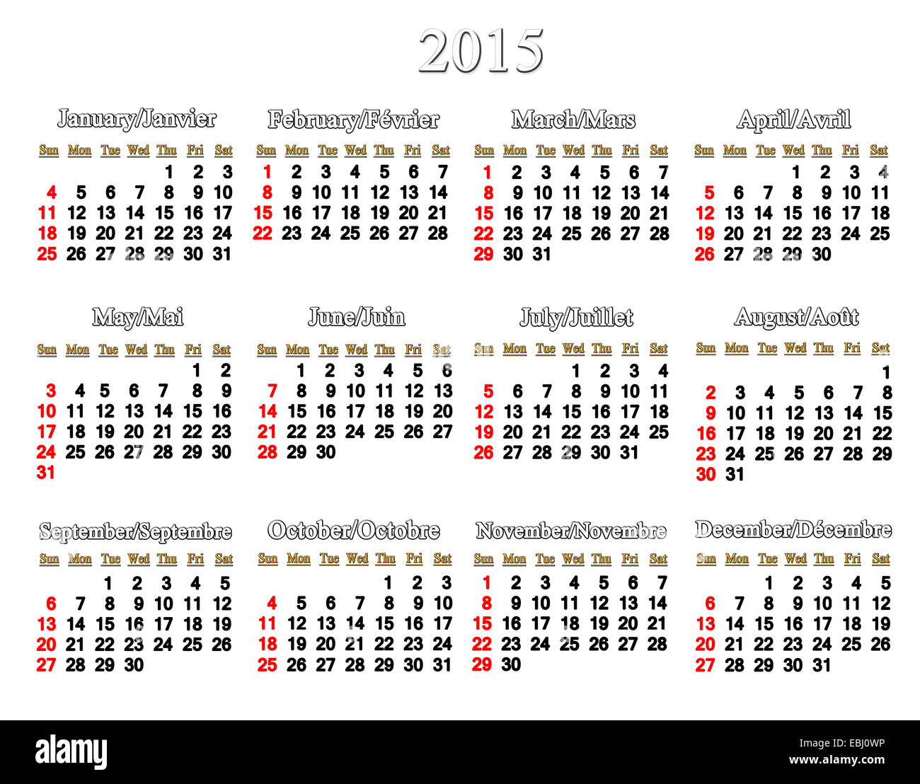 Semplice e preciso per il calendario 2015 anno sullo sfondo bianco Foto Stock