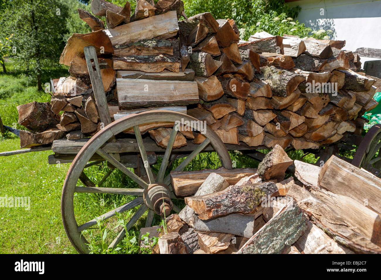 Tronchi di legna da ardere impilati in pile all'esterno di un cottage vecchio carrello ruota di legno Cottage, rurale, deposito di legname tritato pile di legna da ardere legno, pila Foto Stock