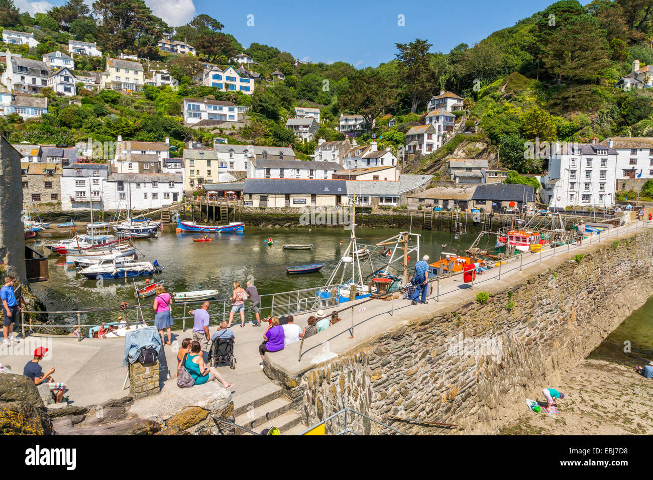 Vista panoramica estiva del porto di Polperro con la gente del posto e i turisti che si godono una soleggiata giornata luminosa, Cornwall Inghilterra UK Foto Stock