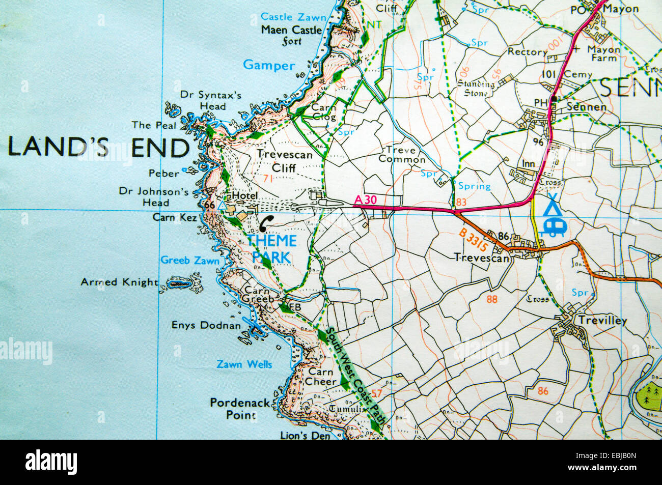Ordnance Survey Mappa di Lands End, Cornwall, Inghilterra. Foto Stock