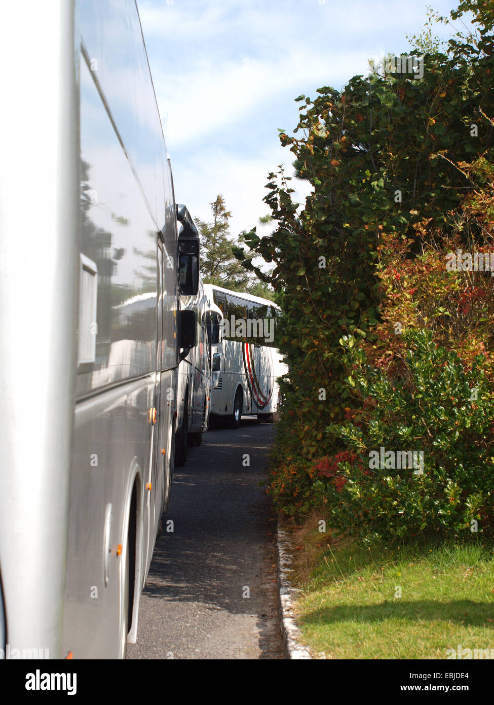 I bus turistici in attesa del ritorno dei passeggeri e partenza a 'clonmacnoice sito monastico' nella contea di Offaly, rebublic dell Irlanda. Foto Stock