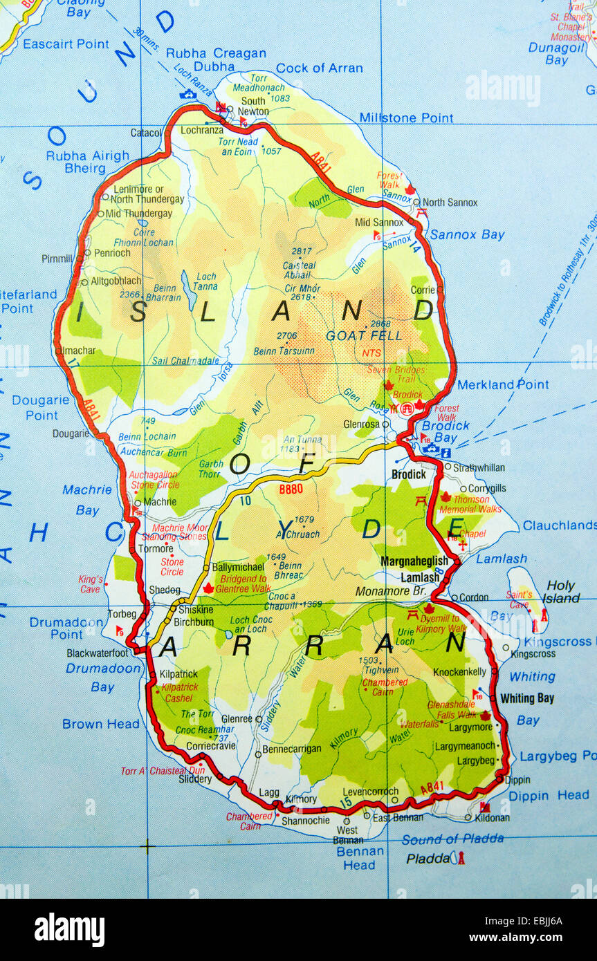 La mappa stradale di Isola di Arran, Scozia. Foto Stock