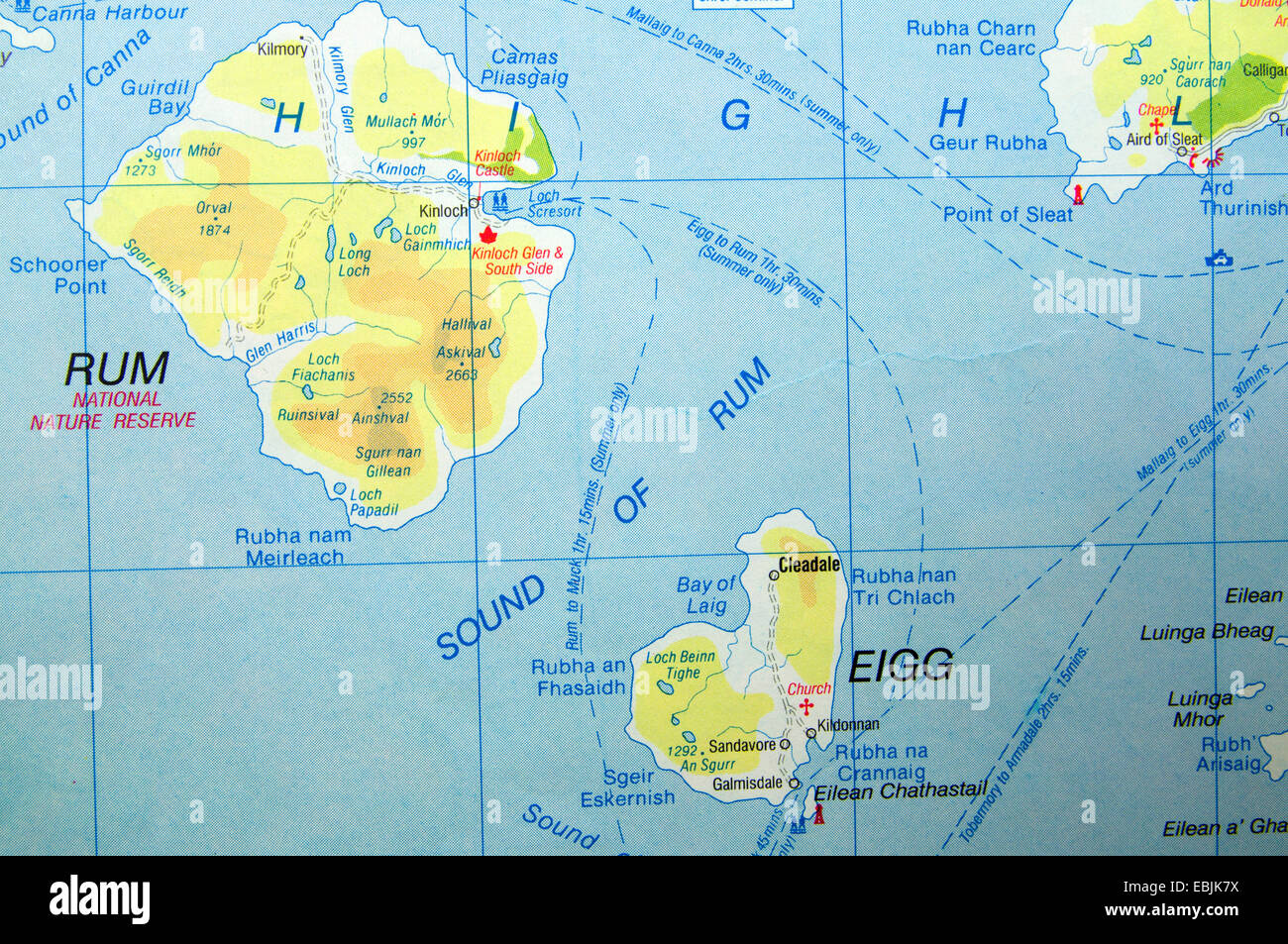 La mappa stradale di rum e di Eigg Isola, Scozia. Foto Stock