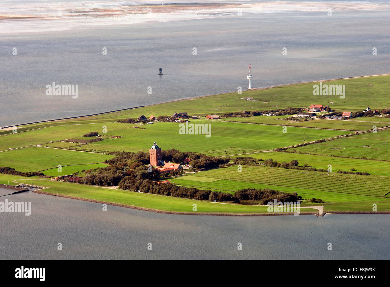 Vista aerea di Neuwerk isola nel mare del Nord, Germania, Hamburgisches Wattenmeer National Park Foto Stock