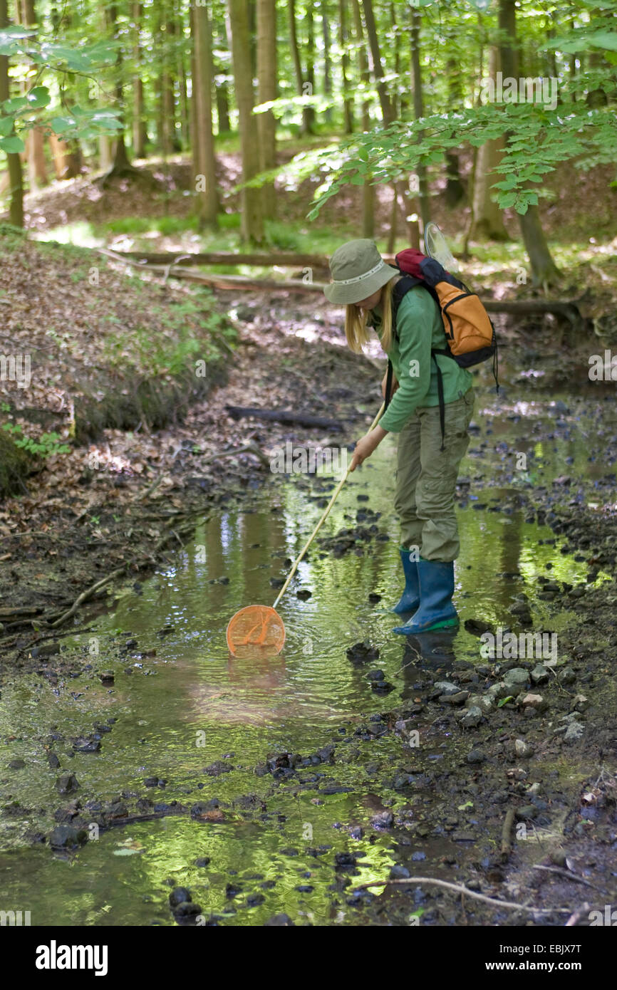 Ragazza stivali di gomma e dip-net, in piedi in una foresta creek, Germania Foto Stock