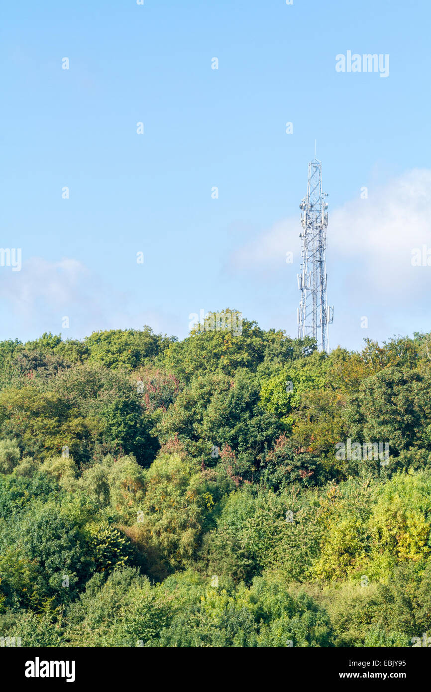 Torre delle telecomunicazioni sulla cima di una collina sopra gli alberi e la campagna circostante, Colwick boschi, Nottingham, Inghilterra, Regno Unito Foto Stock