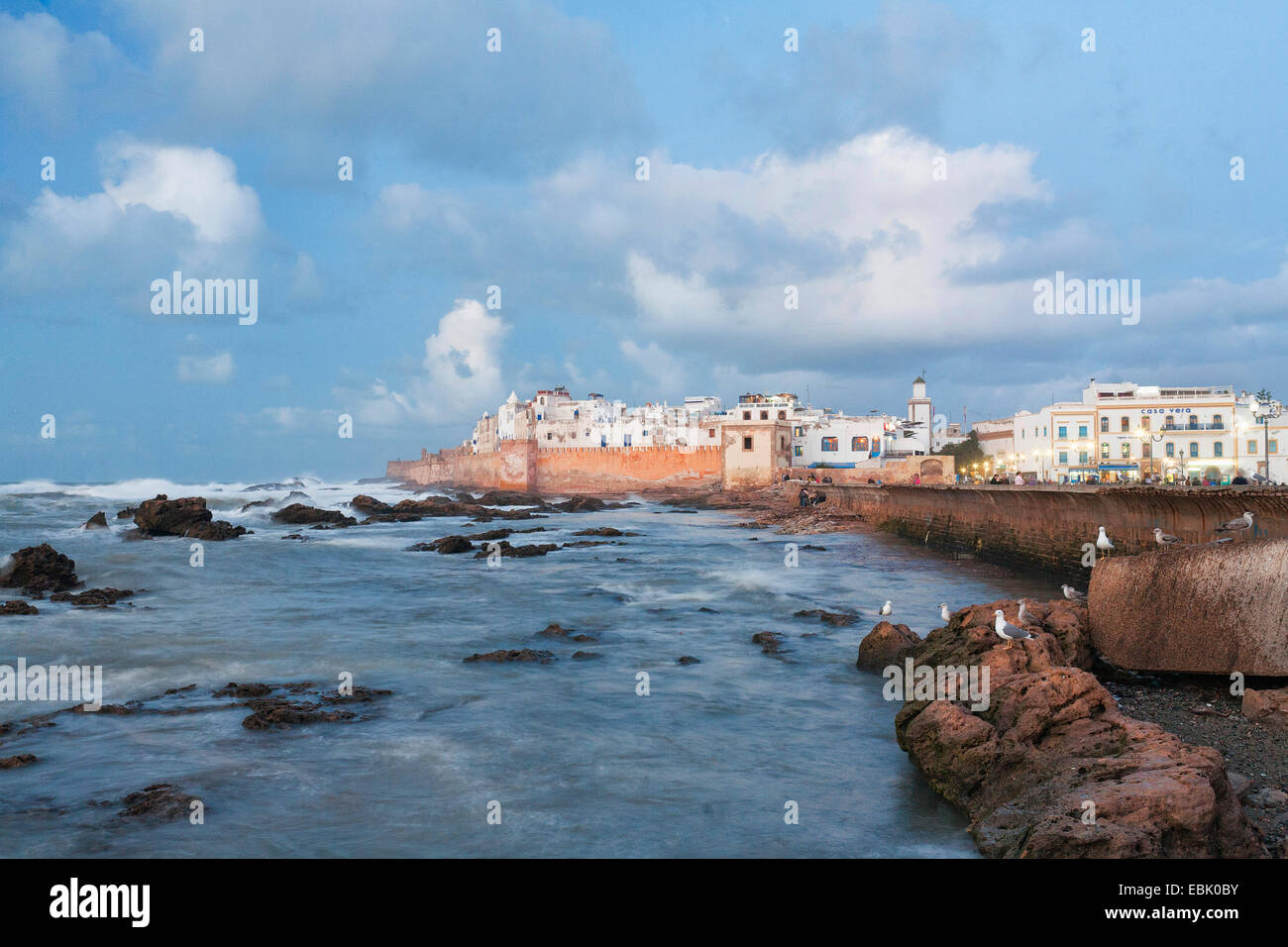 Vista della città ad alta marea, Marocco Essaouira Foto Stock