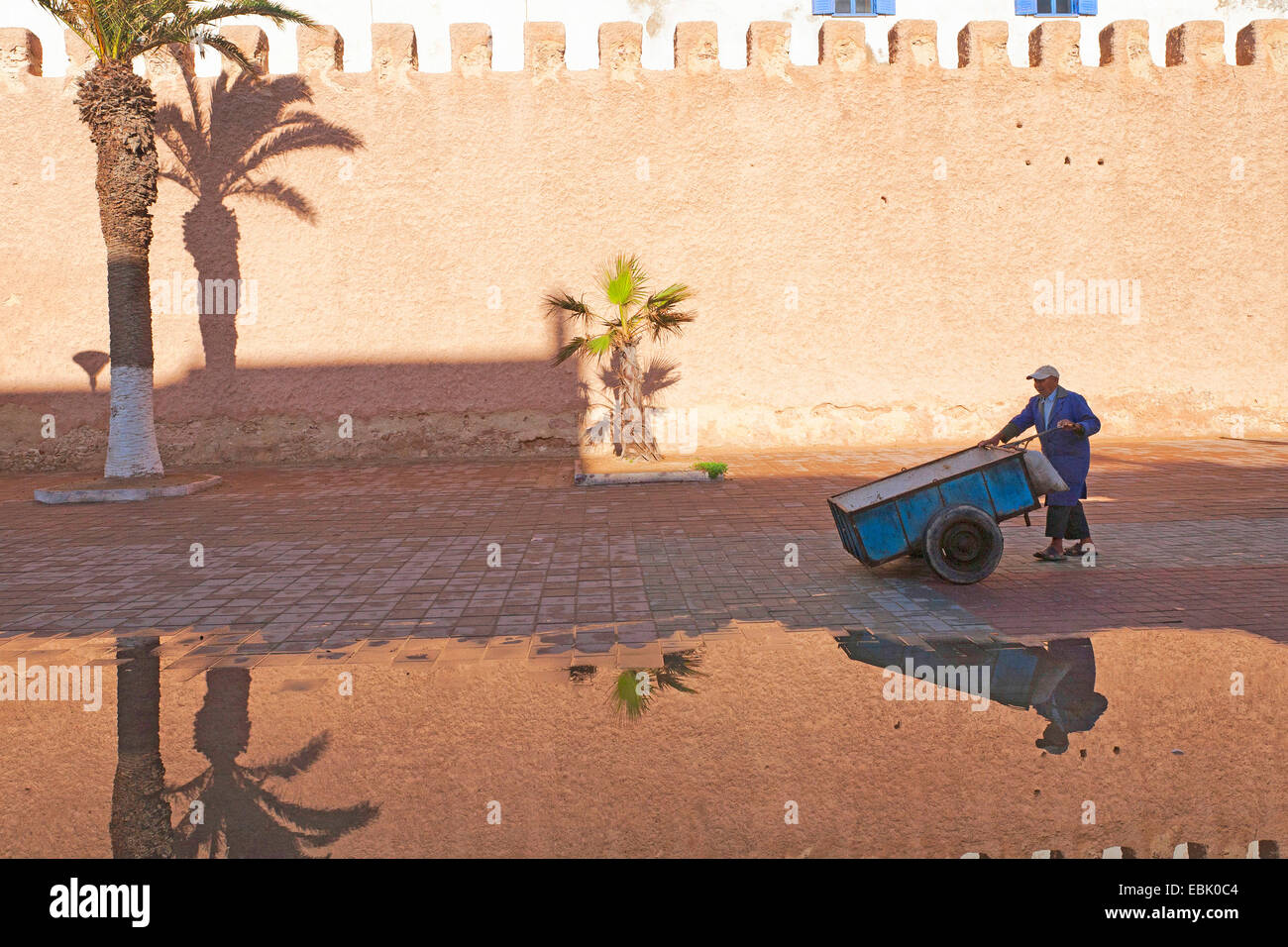 Uomo con una carriola presso il centro storico della cittadina la parete riflettente nel pozza d'acqua dopo una doccia a pioggia, Marocco Essaouira Foto Stock