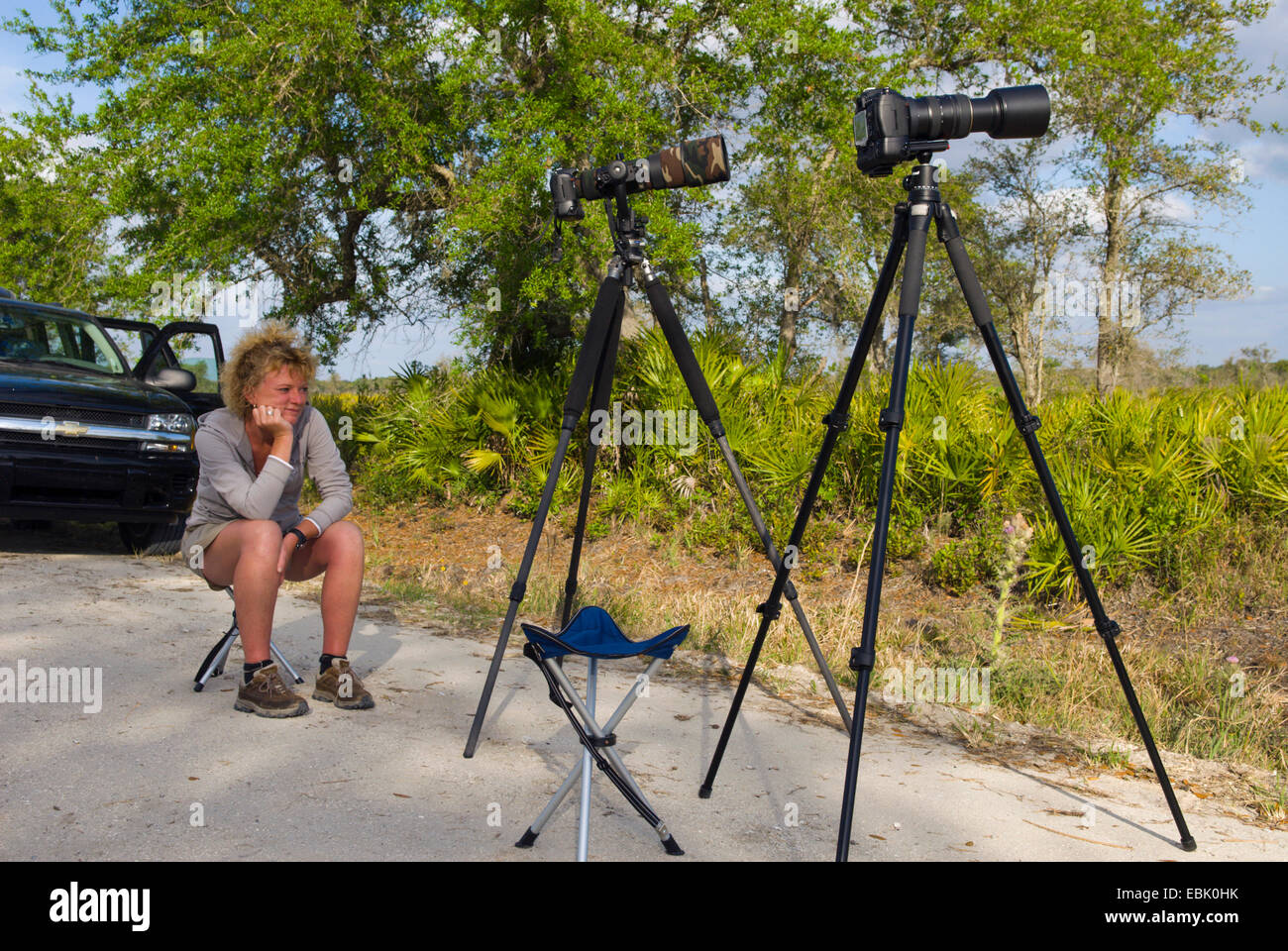 Non succede nulla. Annoiato natura femminile fotografo seduto su uno sgabello, in attesa di azione, STATI UNITI D'AMERICA, Florida, Kissimmee parco dello stato Foto Stock