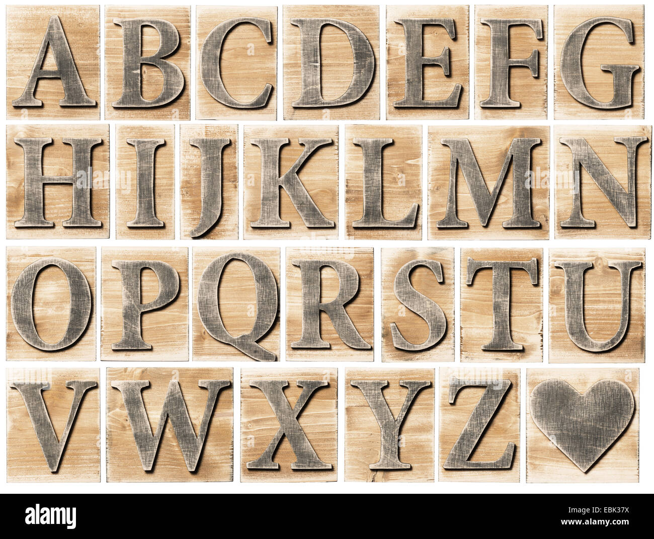 Alfabeto di legno lettera blocchi isolati su bianco Foto Stock