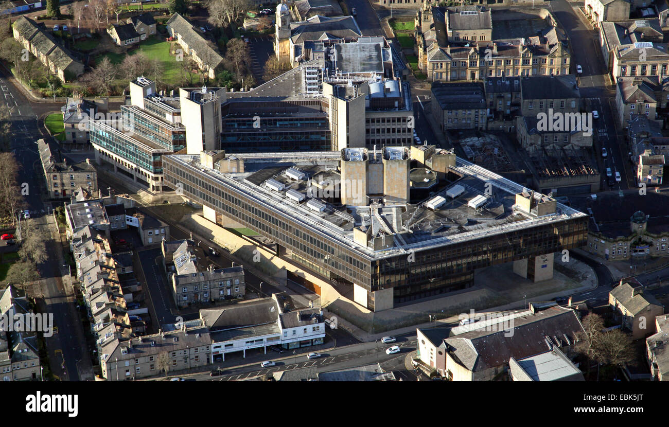 Vista aerea dell'ex Halifax Building Society HQ in Halifax, West Yorkshire, Regno Unito Foto Stock