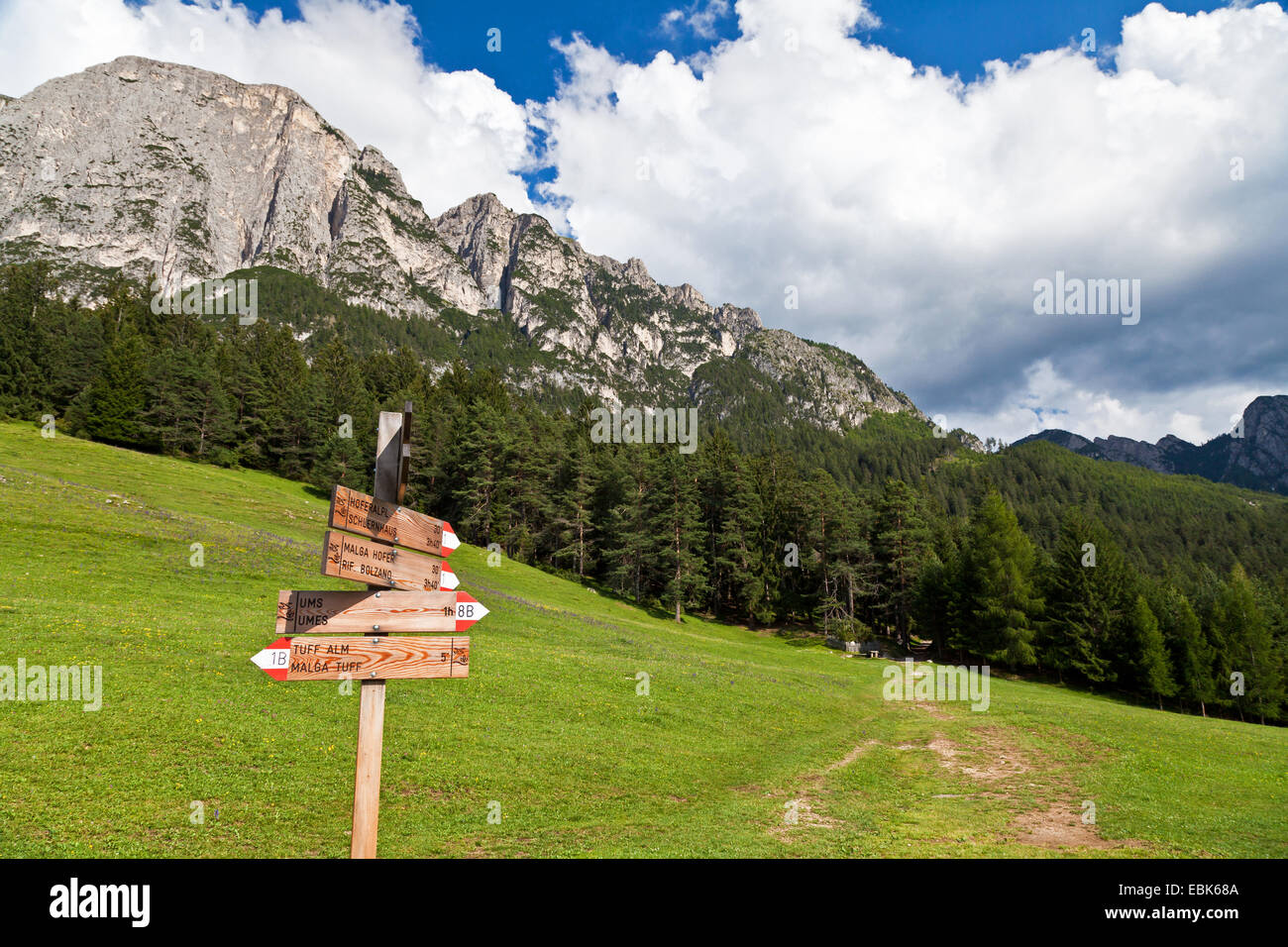 Guidepost vicino al Tuffalm, Italia, Alto Adige, Dolomiti Foto Stock