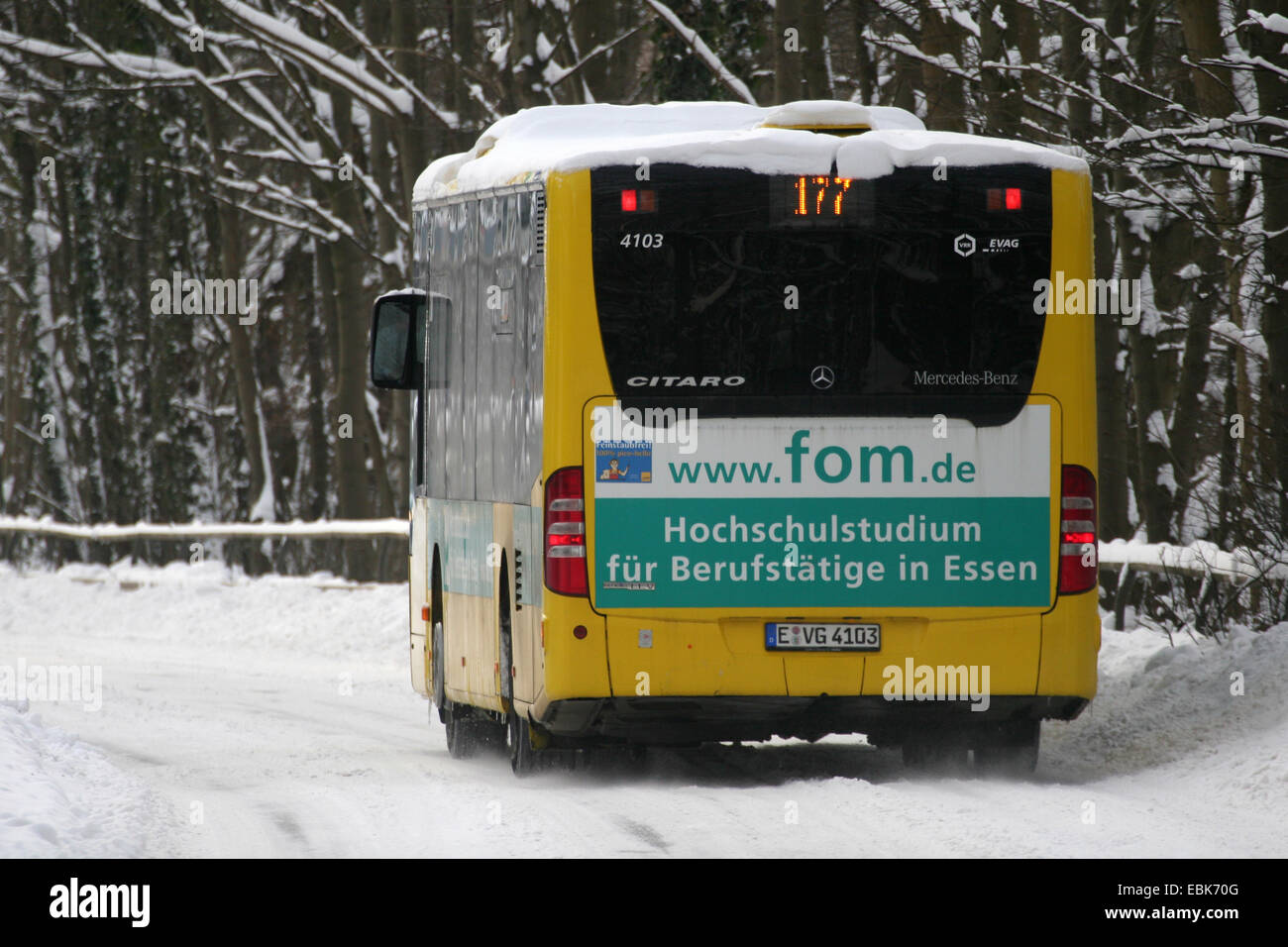Bus di linea sulla strada innevata, in Germania, in Renania settentrionale-Vestfalia, la zona della Ruhr, Essen Foto Stock