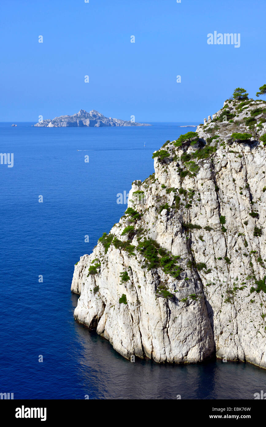 Costa rocciosa, Calanque Riou isola in background, Francia, Calanques Parco Nazionale Foto Stock