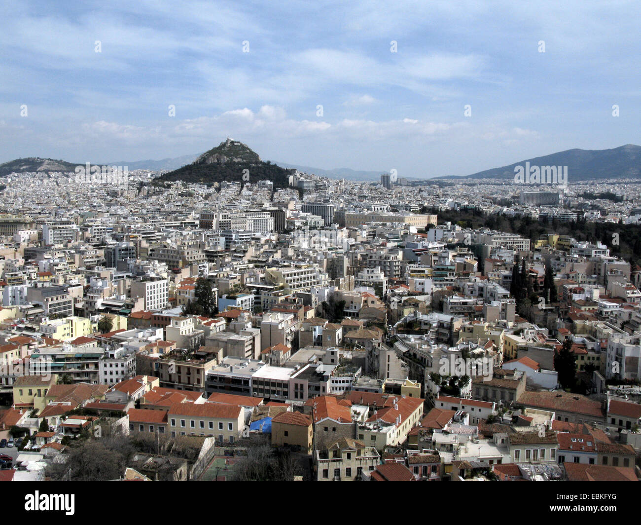Il Monte Lycabettus, vista dall'Acropoli, Grecia, Atene Foto Stock