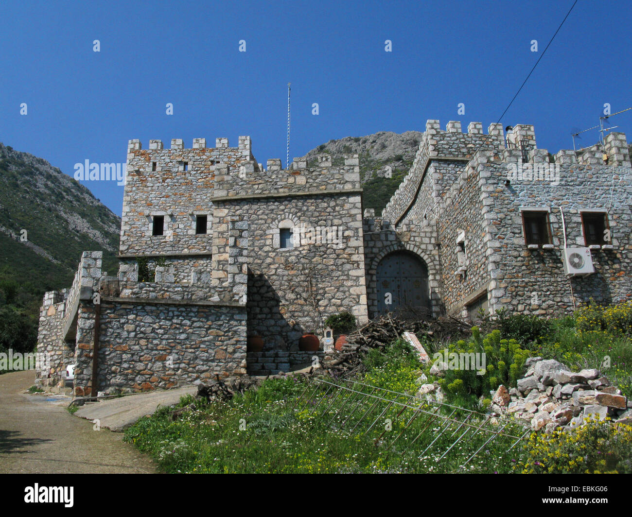 Storica Torre case in Nyfi, Grecia, Peloponneso, Mani Nyfi Foto Stock