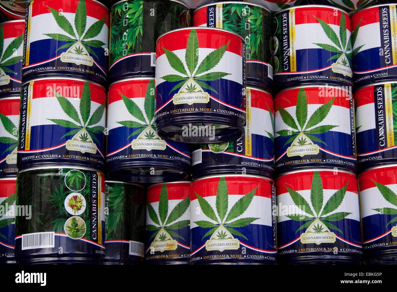 Semi di Cannabis in vendita, Bloemenmarkt, Amsterdam, provincia Olanda Settentrionale, Olanda, Paesi Bassi, Europa Foto Stock