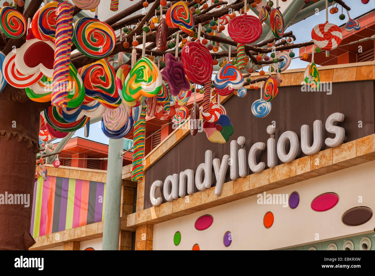 Logo Candylicious e negozio sull'Isola di Sentosa, Singapore Foto Stock