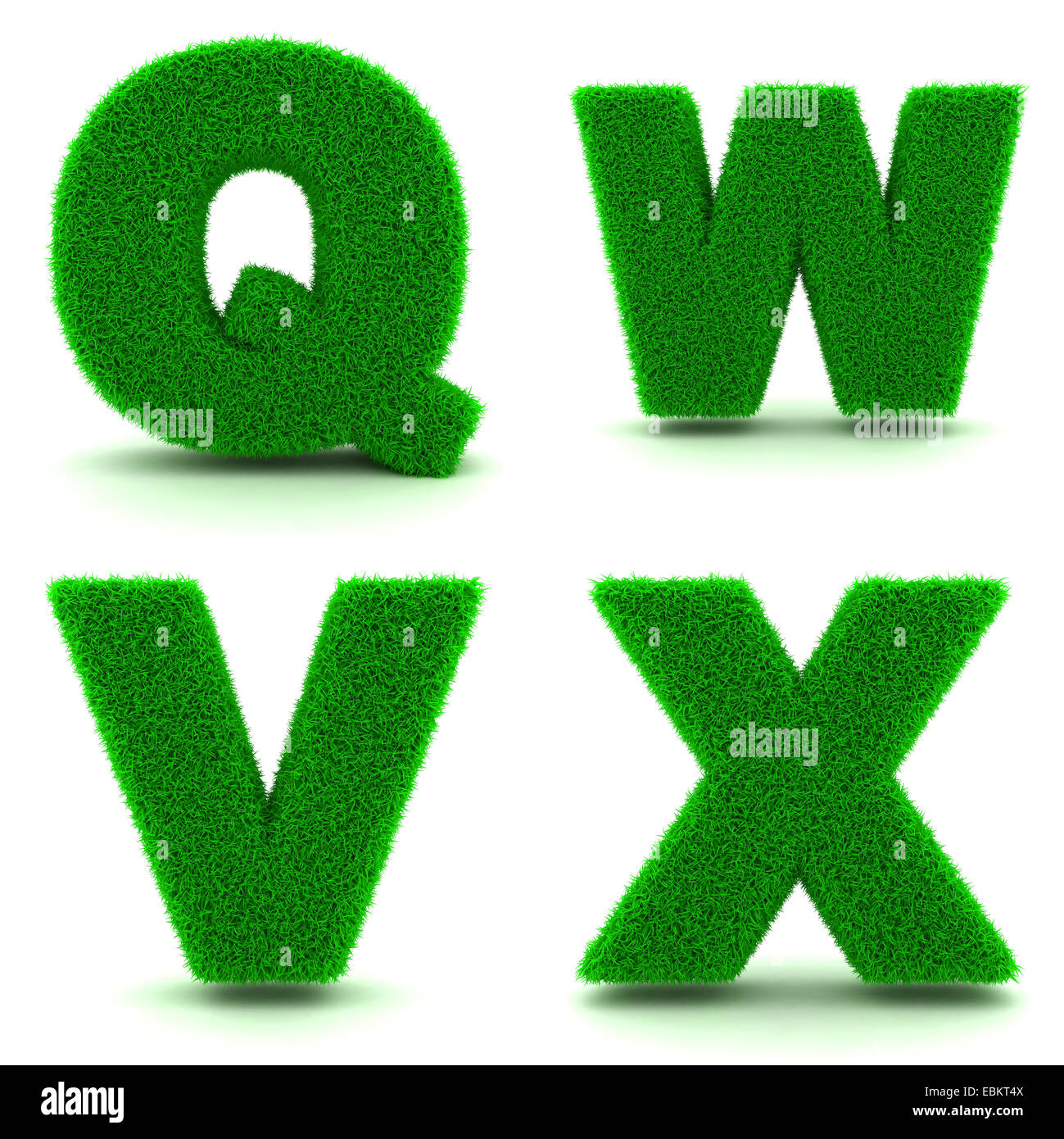 Lettere QWVX alfabeto - Set di erba verde su sfondo bianco in 3d. Foto Stock