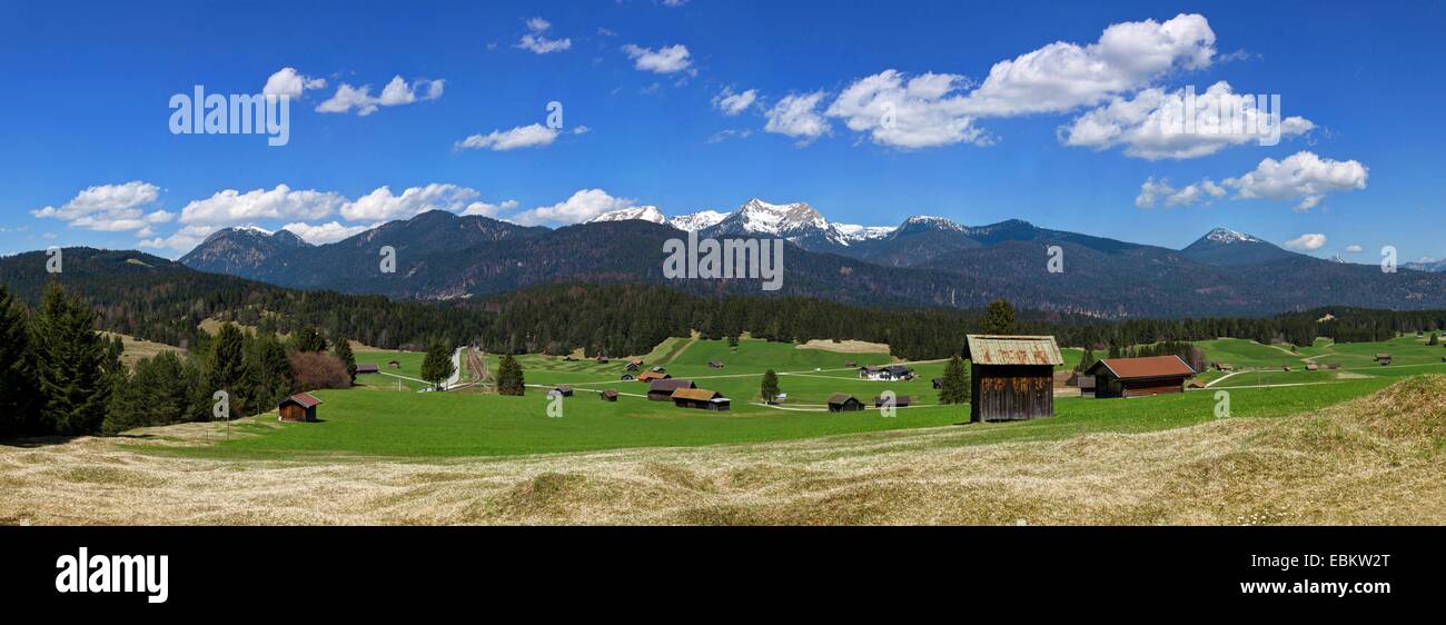Pascolo alpino e del paesaggio di montagna in primavera, in Germania, in Baviera, Oberbayern, Alta Baviera, Mittenwald Foto Stock