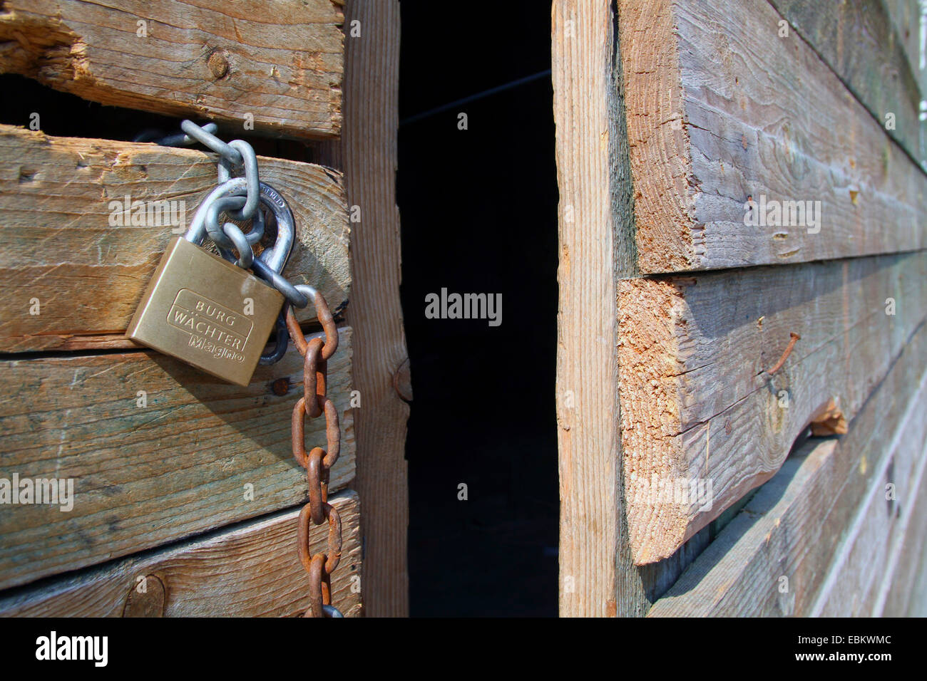 Porta di legno di una baita in legno con armadietto, Germania Foto Stock