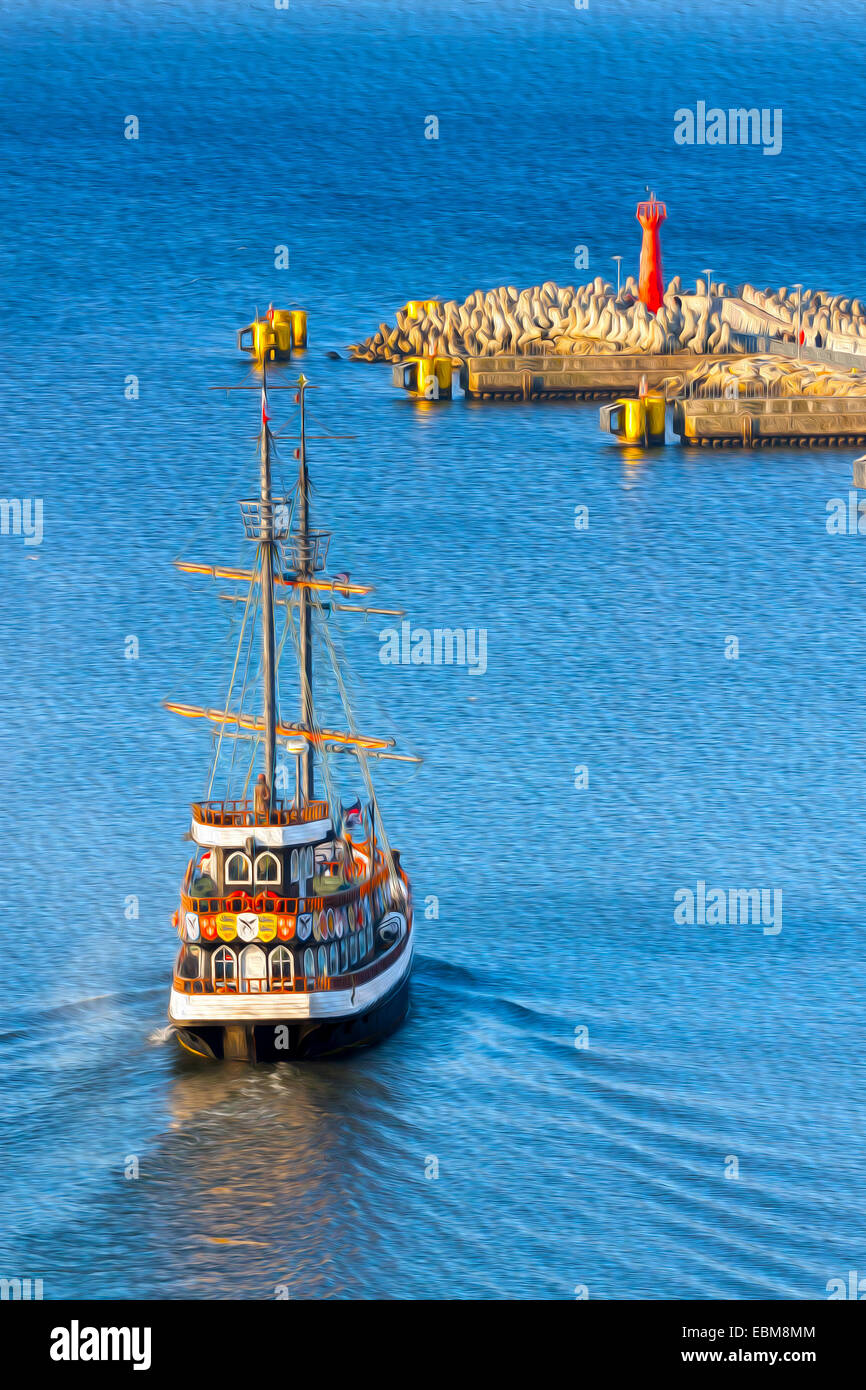 Pittura a olio foto di stile storico di nave a vela lasciando port. Foto Stock