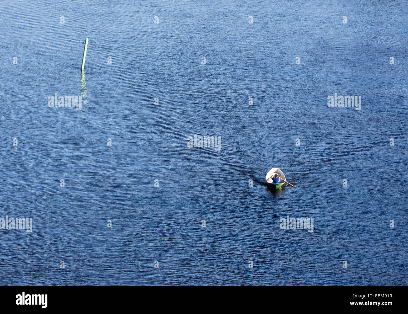 Vista aerea di un uomo che rema una piccola barca a remi in vetroresina / skiff / dinghy , Finlandia Foto Stock