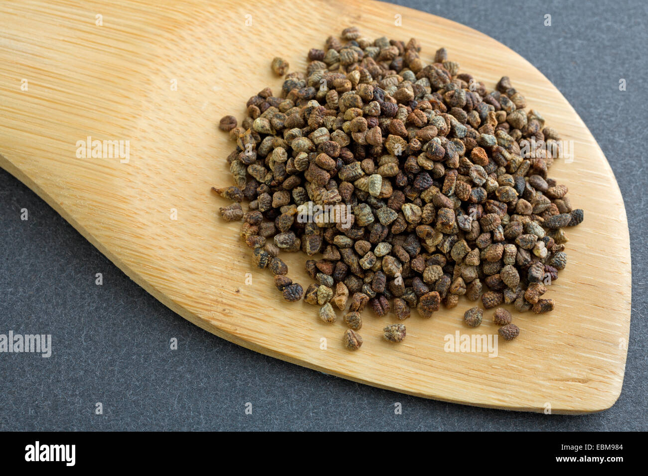 Molto vicino in vista di semi di cardamomo su un cucchiaio di legno. Foto Stock