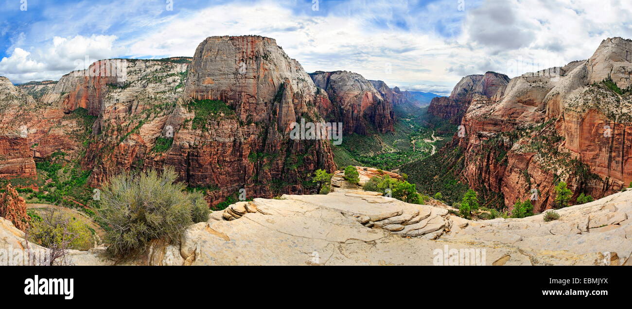 Vista panoramica dal Belvedere presso Angel atterrando Zion Canyon Zion National Park, Utah, Stati Uniti Foto Stock