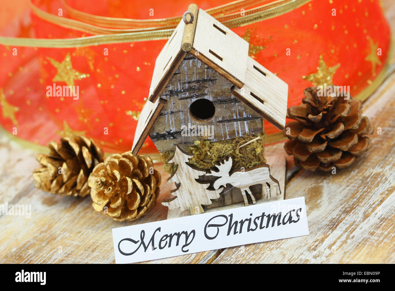 Merry Christmas card con miniatura bird feeder, pigne e nastro rosso Foto Stock