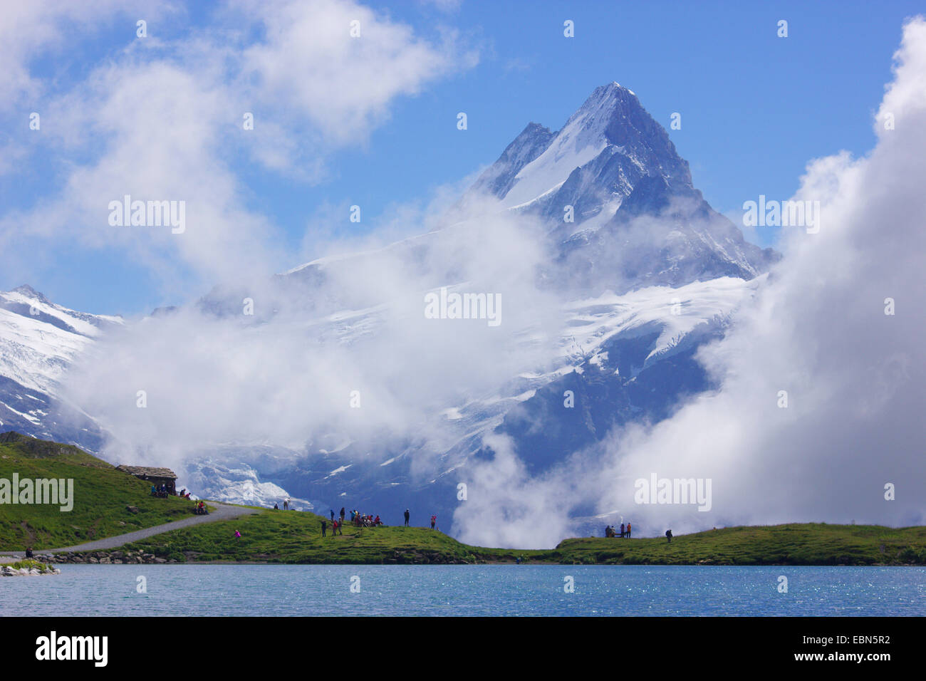 Schreckhorn visto dal lago di Bach vicino a Grindelwald, Svizzera Foto Stock
